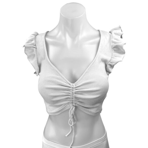 Zara White Ruffle Sleeve Ribbed Knit Ruched Stretch Deep V Crop Blouse Top Sz S - Picture 5 of 9